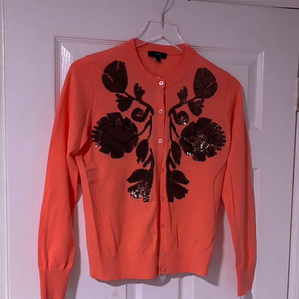 J. Crew.. Sz Med Bright Coral Cardigan W Bronze Floral Sequin Design…NWT